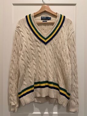 Polo Ralph Lauren Cotton Cricket Sweater Men’s Large Cable Knit V Neck Rare $695